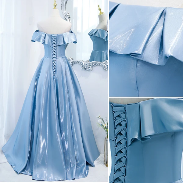 Simple Bleu Ciel Satin Robe De Bal 2021 Princesse De l'épaule Manches Courtes Longue Robe De Ceremonie