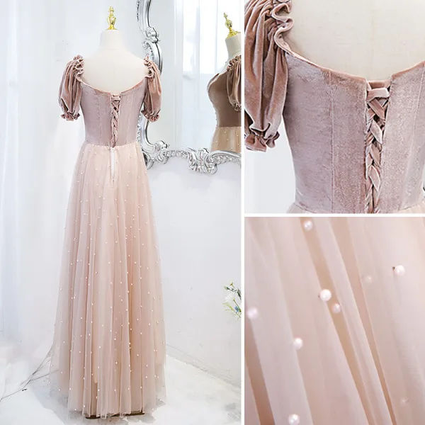 Elegant Rødmende Rosa Perle Suede Ballkjoler 2021 Prinsesse Firkantet Hals Korte Ermer Ryggløse Lange Ballkjoler