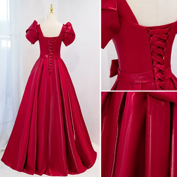 Elegant Burgundy Bow Satin Prom Dresses 2021 A-Line / Princess Square Neckline Short Sleeve Floor-Length / Long Formal Dresses