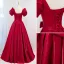 Elegant Burgundy Bow Satin Prom Dresses 2021 A-Line / Princess Square Neckline Short Sleeve Floor-Length / Long Formal Dresses