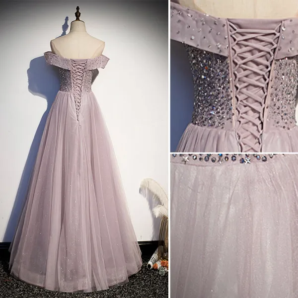 Eleganckie Ciemny Róż Sukienki Na Bal 2021 Princessa Kokarda Przy Ramieniu Frezowanie Gwiazda Cekiny Kótkie Rękawy Bez Pleców Długie Sukienki Wizytowe