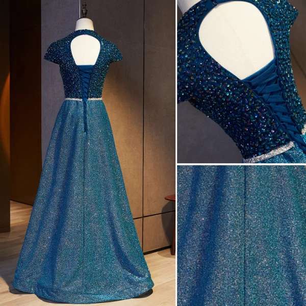 Vintage Marineblau Ballkleider 2021 A Linie V-Ausschnitt Perlenstickerei Strass Pailletten Kurze Ärmel Rückenfreies Lange Ball Festliche Kleider
