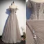Elegant Grey Glitter Prom Dresses 2021 A-Line / Princess Off-The-Shoulder Beading Sequins Lace Flower Short Sleeve Backless Floor-Length / Long Formal Dresses