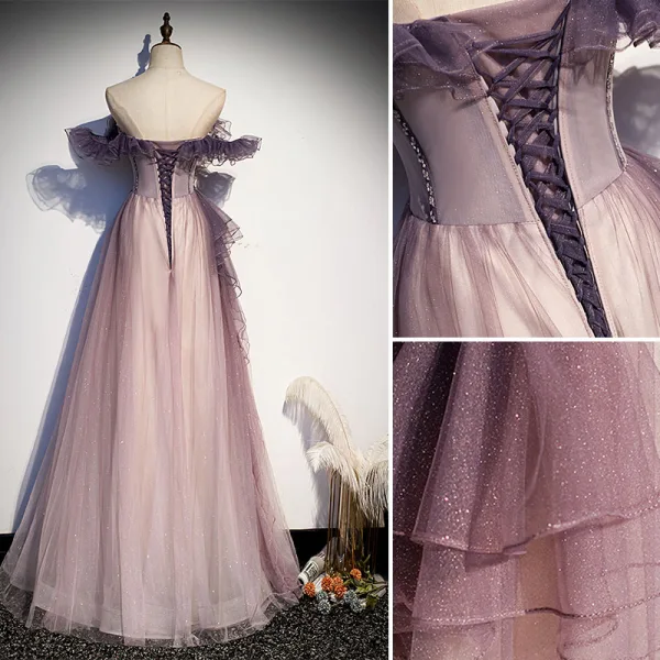 Mode Violet Glitter Robe De Bal 2021 Princesse Volants De l'épaule Perlage Manches Courtes Dos Nu Longue Robe De Ceremonie