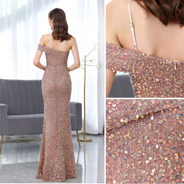 Sexy Champagne Glitter Paillettes Robe De Soirée 2021 Trompette / Sirène Une épaule Sans Manches Dos Nu Longue Robe De Ceremonie