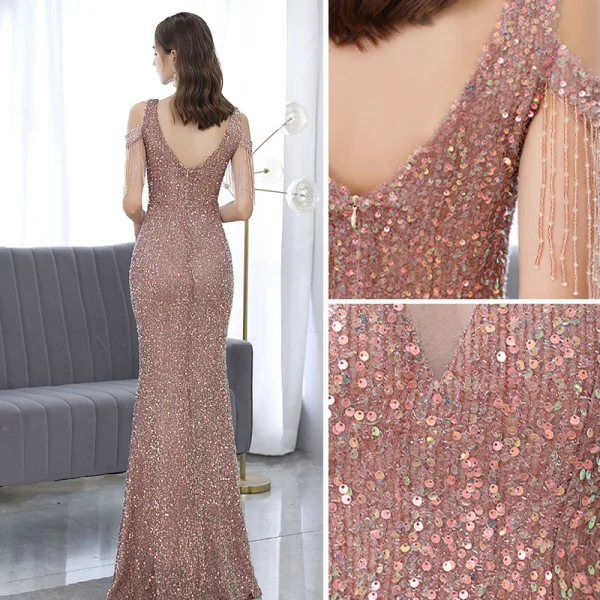 Sexy Champagne Evening Dresses 2021 Trumpet / Mermaid Scoop Neck Beading Tassel Sequins Sleeveless Backless Floor-Length / Long Formal Dresses