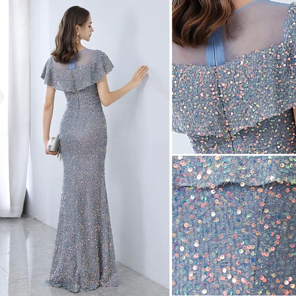 Sparkly Sky Blue Sequins Evening Dresses 2021 Trumpet / Mermaid Scoop Neck Short Sleeve Floor-Length / Long Formal Dresses