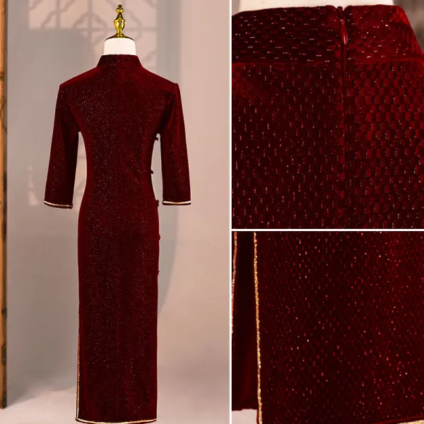 Chinese style Burgundy Evening Dresses Cheongsam 2021 Trumpet / Mermaid High Neck 3/4 Sleeve Split Front Tea-length Formal Dresses