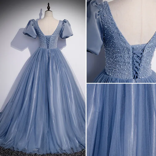 Élégant Bleu Ciel Robe De Bal 2022 Princesse Encolure Dégagée Perlage Perle Paillettes Gonflée Manches Courtes Dos Nu Longue Robe De Ceremonie