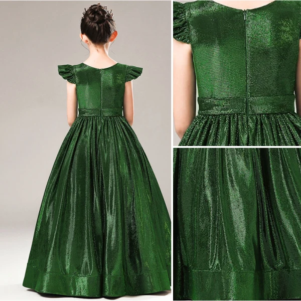 Chic / Beautiful Dark Green Sequins Evening Party Flower Girl Dresses 2021 A-Line / Princess Scoop Neck Cap Sleeves Zipper Up Floor-Length / Long