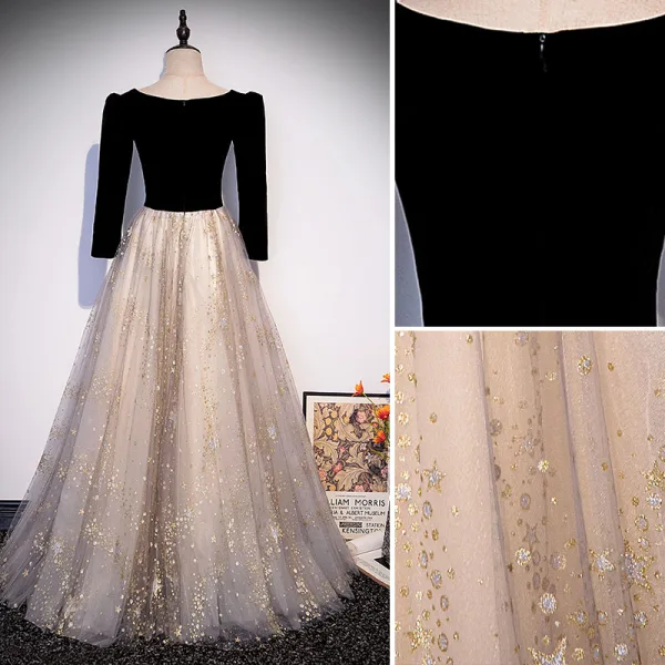 Élégant Noire Robe De Bal 2022 Princesse Encolure Carrée Étoile Paillettes Ceinture Noeud 3/4 Manches Longue Robe De Ceremonie