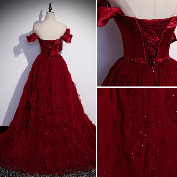 Charming Burgundy Cascading Ruffles Prom Dresses 2022 A-Line / Princess Bow Off-The-Shoulder Short Sleeve Backless Floor-Length / Long Formal Dresses