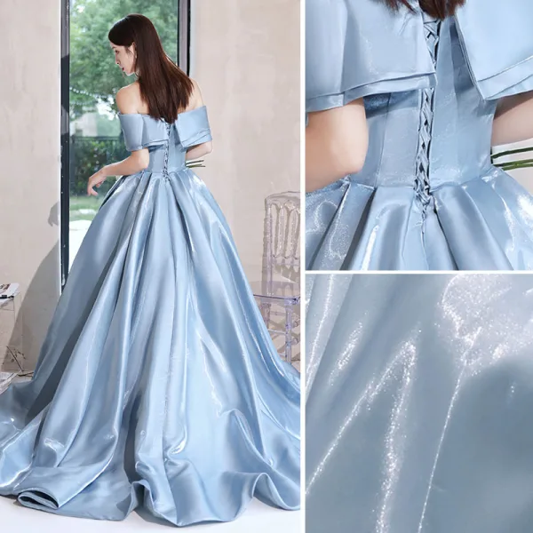 Elegant Sky Blue Satin Prom Dresses 2022 A-Line / Princess Off-The-Shoulder Short Sleeve Bow Backless Sweep Train Formal Dresses