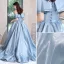 Elegant Sky Blue Satin Prom Dresses 2022 A-Line / Princess Off-The-Shoulder Short Sleeve Bow Backless Sweep Train Formal Dresses