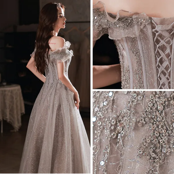 Charming Silver Prom Dresses 2022 A-Line / Princess Off-The-Shoulder Short Sleeve Backless Floor-Length / Long Formal Dresses
