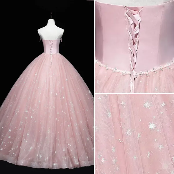 Elegante Pink Ballkleider 2022 Bandeau Perlenstickerei Perle Pailletten Ärmellos Rückenfreies Lange Festliche Kleider
