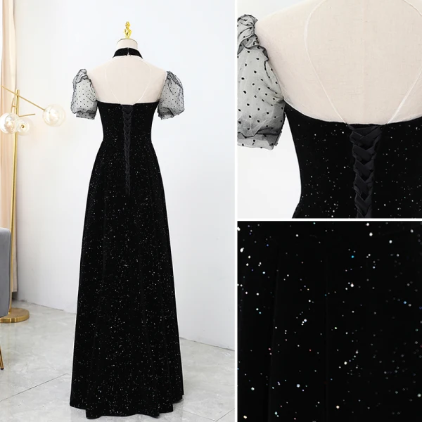 Élégant Noire Tachetée Paillettes Robe De Soirée 2021 Princesse Satin Col Haut Manches Courtes Dos Nu Longue Soirée Robe De Ceremonie