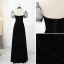 Élégant Noire Tachetée Paillettes Robe De Soirée 2021 Princesse Satin Col Haut Manches Courtes Dos Nu Longue Soirée Robe De Ceremonie