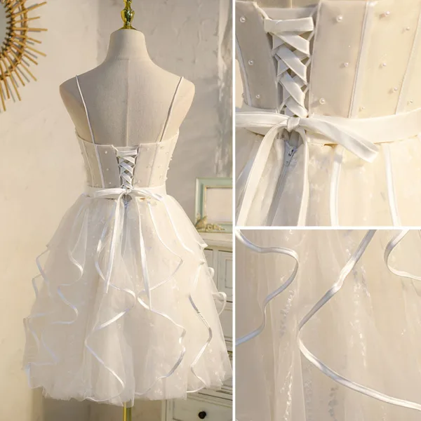 Sexy Champagne Pearl Cascading Ruffles Birthday Party Dresses 2022 A-Line / Princess Spaghetti Straps Sleeveless Backless Floor-Length / Long Formal Dresses