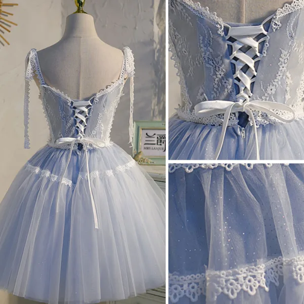 Sexy Bleu Ciel En Dentelle Fleur Anniversaire Robe De Fête 2022 Princesse Bretelles Spaghetti Sans Manches Dos Nu Noeud Longue Robe De Ceremonie