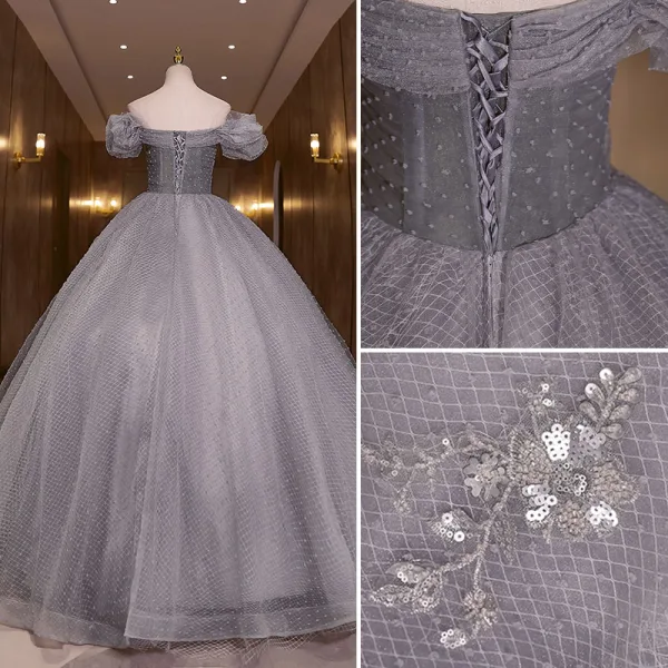 Élégant Gris Paillettes Robe De Bal 2022 Princesse De l'épaule Appliques Gonflée Manches Courtes Dos Nu Longue Robe De Ceremonie