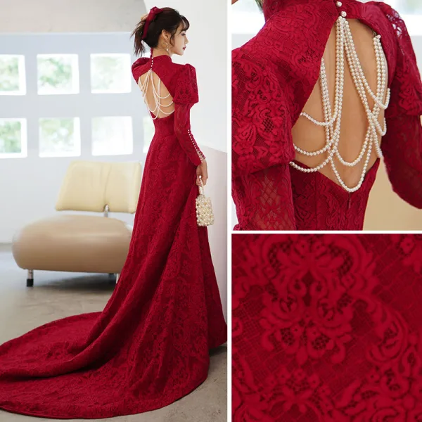Chic / Beautiful Burgundy Lace Flower Cheongsam Evening Dresses 2022 Trumpet / Mermaid High Neck Beading Pearl Long Sleeve Backless Court Train Evening Party Formal Dresses