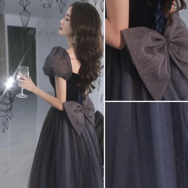 Elegant Purple Glitter Prom Dresses 2022 A-Line / Princess Square Neckline Puffy Short Sleeve Backless Bow Floor-Length / Long Formal Dresses