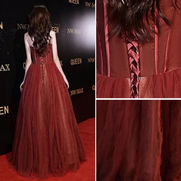 Chic / Beautiful Burgundy Prom Dresses 2022 A-Line / Princess Strapless Bow Sleeveless Backless Floor-Length / Long Formal Dresses