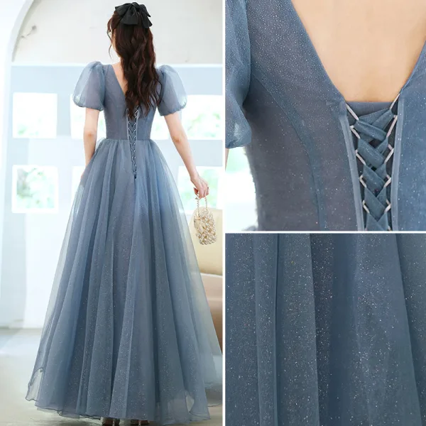 Chic / Beautiful Pool Blue Glitter Sequins Prom Dresses 2022 A-Line / Princess V-Neck Puffy Short Sleeve Backless Floor-Length / Long Formal Dresses