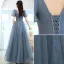 Chic / Beautiful Pool Blue Glitter Sequins Prom Dresses 2022 A-Line / Princess V-Neck Puffy Short Sleeve Backless Floor-Length / Long Formal Dresses