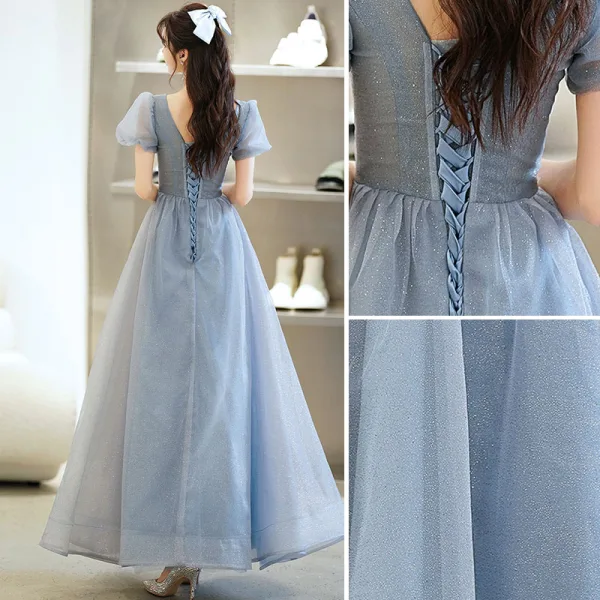 Chic / Belle Bleu Ciel Perlage Paillettes Robe De Bal 2022 Princesse V-Cou Manches Courtes Dos Nu Longue Robe De Ceremonie