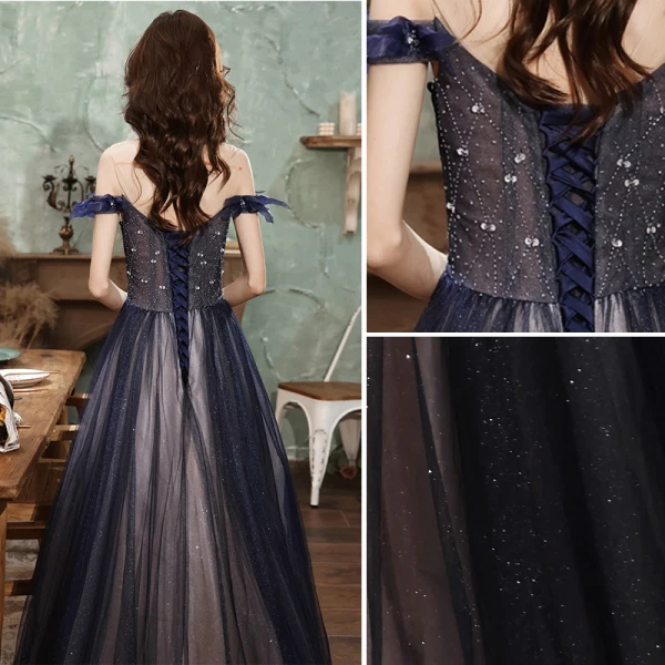 Vintage / Retro Navy Blue Prom Dresses 2021 A-Line / Princess Off-The-Shoulder Beading Sequins Sleeveless Backless Floor-Length / Long Prom Formal Dresses
