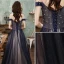 Vintage / Retro Navy Blue Prom Dresses 2021 A-Line / Princess Off-The-Shoulder Beading Sequins Sleeveless Backless Floor-Length / Long Prom Formal Dresses