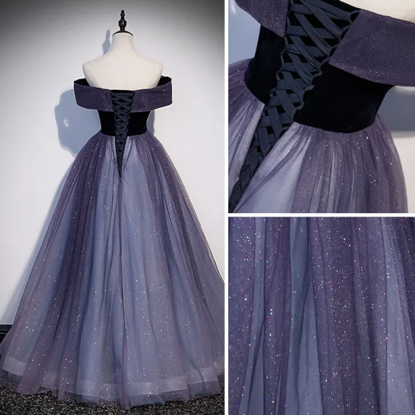 Élégant Violet Glitter Paillettes Daim Robe De Bal 2022 Princesse De l'épaule Manches Courtes Dos Nu Longue Robe De Ceremonie