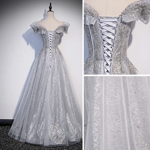 Sparkly Grey Beading Pearl Sequins Prom Dresses 2022 A-Line / Princess Off-The-Shoulder Short Sleeve Backless Floor-Length / Long Formal Dresses