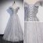 Sparkly Grey Beading Pearl Sequins Prom Dresses 2022 A-Line / Princess Off-The-Shoulder Short Sleeve Backless Floor-Length / Long Formal Dresses