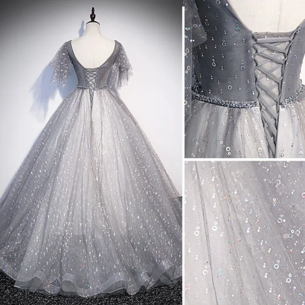 Charmant Gris Perlage Paillettes Robe De Bal Princesse 2022 V-Cou Manches Courtes Dos Nu Longue Robe De Ceremonie