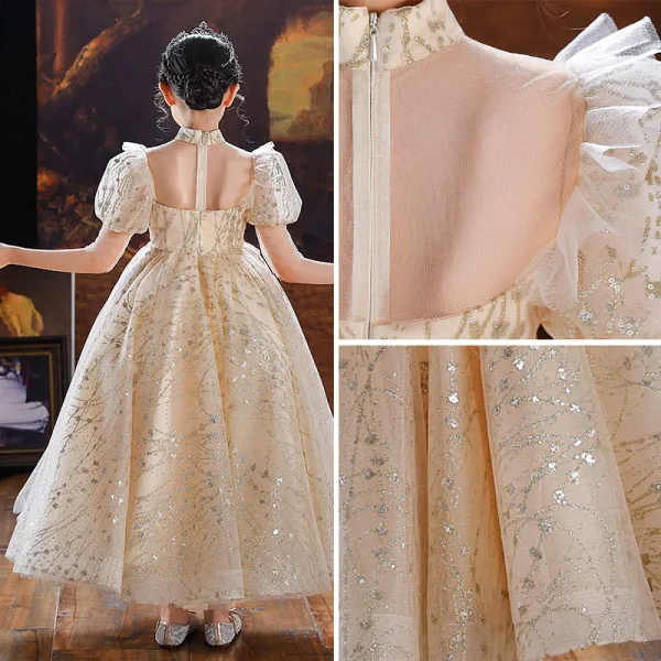 Sparkly Champagne Glitter Beading Sequins Birthday Flower Girl Dresses 2022 Ball Gown High Neck Puffy Short Sleeve Floor-Length / Long Flower Girl Dresses