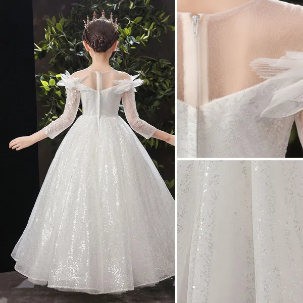 Chic / Beautiful White Birthday Flower Girl Dresses 2022 Ball Gown Scoop Neck Beading Sequins Lace Flower 3/4 Sleeve Floor-Length / Long Flower Girl Dresses