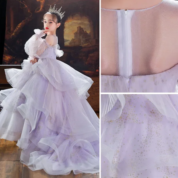 Fashion Lavender Sequins Cascading Ruffles Birthday Flower Girl Dresses 2022 Ball Gown Scoop Neck Puffy Long Sleeve Floor-Length / Long Flower Girl Dresses