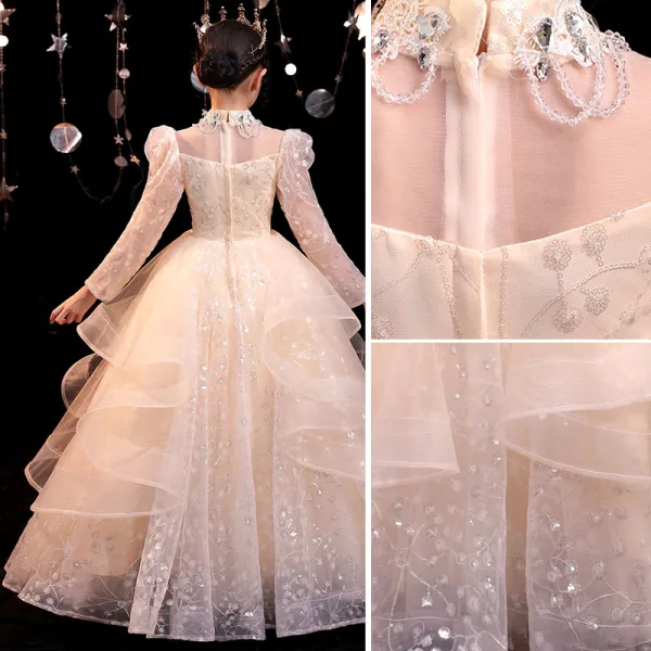 Sparkly Champagne Birthday Beading Rhinestone Sequins Flower Girl Dresses 2022 Ball Gown High Neck Long Sleeve Cascading Ruffles Floor-Length / Long Flower Girl Dresses