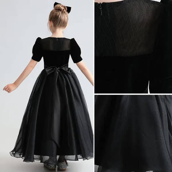 Audrey Hepburn Style Black Suede Birthday Flower Girl Dresses 2022 A-Line / Princess Scoop Neck Short Sleeve Floor-Length / Long Bow Flower Girl Dresses