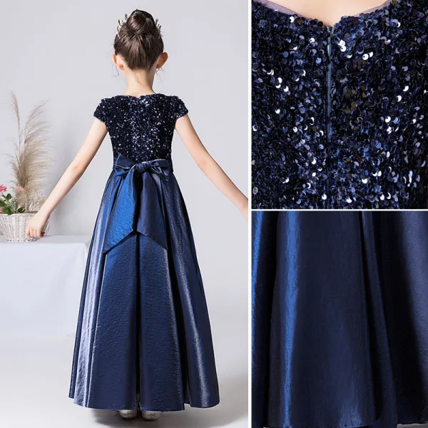 Chic / Beautiful Navy Blue Satin Sequins Birthday Flower Girl Dresses 2022 A-Line / Princess Scoop Neck Short Sleeve Bow Floor-Length / Long Flower Girl Dresses