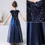 Chic / Beautiful Navy Blue Satin Sequins Birthday Flower Girl Dresses 2022 A-Line / Princess Scoop Neck Short Sleeve Bow Floor-Length / Long Flower Girl Dresses