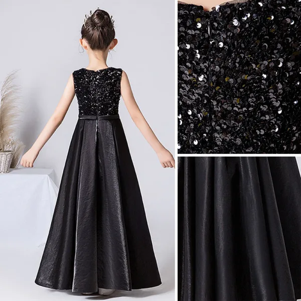 Chic / Beautiful Black Sequins Satin Birthday Flower Girl Dresses 2022 A-Line / Princess Scoop Neck Sleeveless Sash Floor-Length / Long Flower Girl Dresses