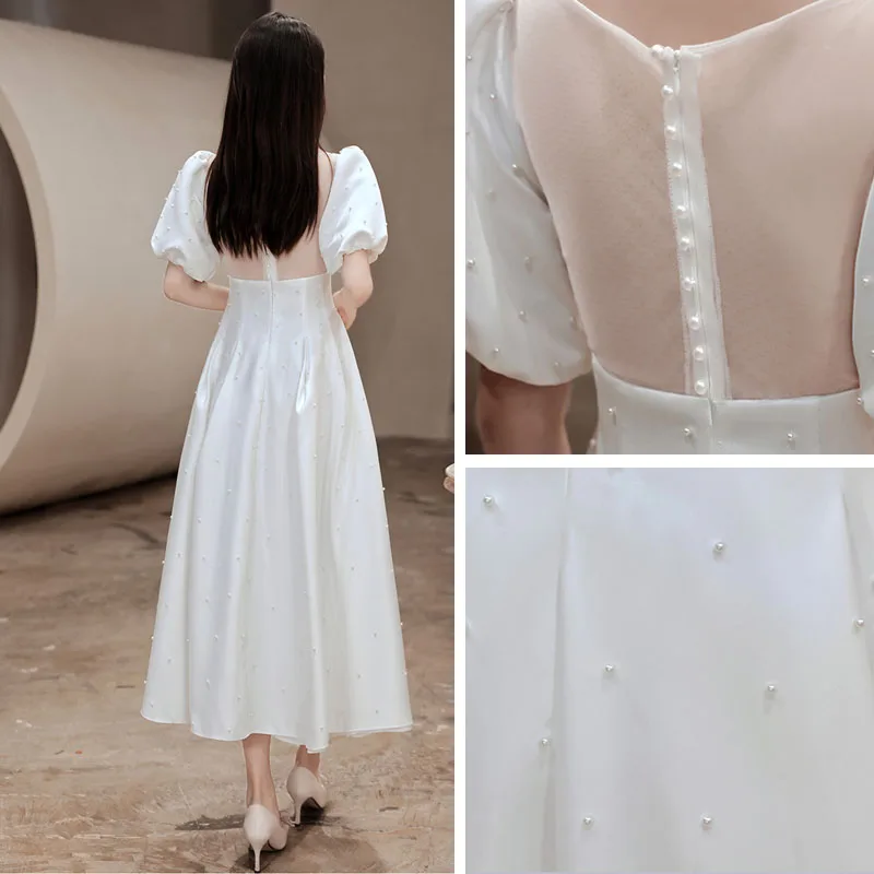 Modest Simple White Homecoming Graduation Dresses 2022 A Line Princess  Satin V Neck Puffy Short Sleeve Pearl Tea Length Formal Dresses