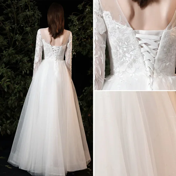 Chic / Beautiful White Lace Flower Prom Dresses 2022 A-Line / Princess Scoop Neck Long Sleeve Backless Floor-Length / Long Formal Dresses