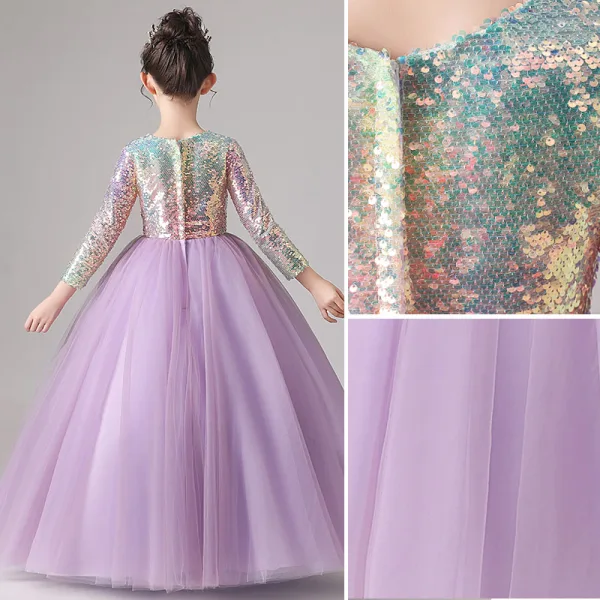 Chic / Beautiful Lilac Gradient-Color Sequins Birthday Flower Girl Dresses 2022 Ball Gown Scoop Neck Long Sleeve Floor-Length / Long Flower Girl Dresses