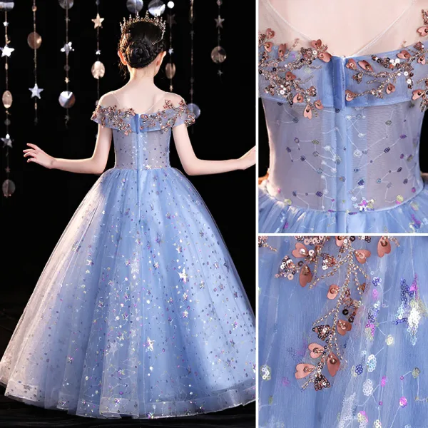 Sparkly Pool Blue Beading Sequins Birthday Flower Girl Dresses 2022 Ball Gown Scoop Neck Short Sleeve Backless Floor-Length / Long Flower Girl Dresses