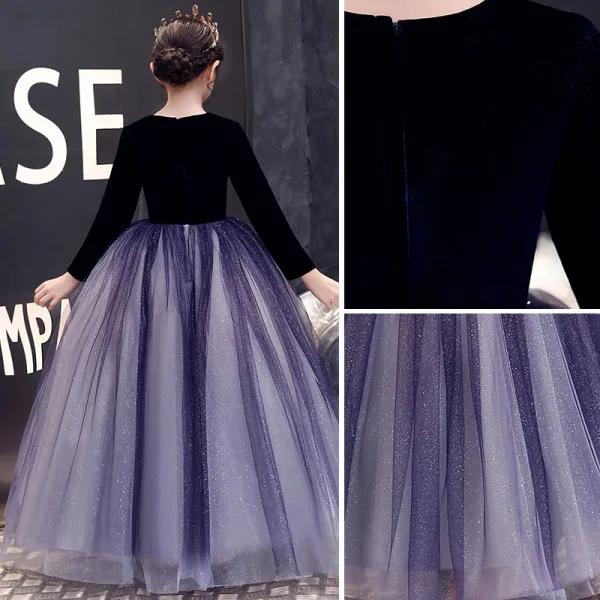 Elegant Ocean Blue Sequins Flower Girl Dresses 2022 Ball Gown Scoop Neck Suede Long Sleeve Floor-Length / Long Flower Girl Dresses